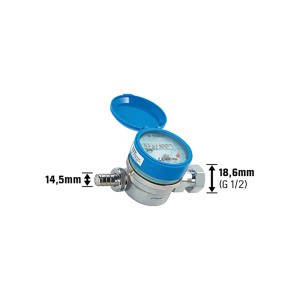 Wasserzähler für Mischventile, vernickelt, mit blauem Zifferblatt und Anschlussstutzen.