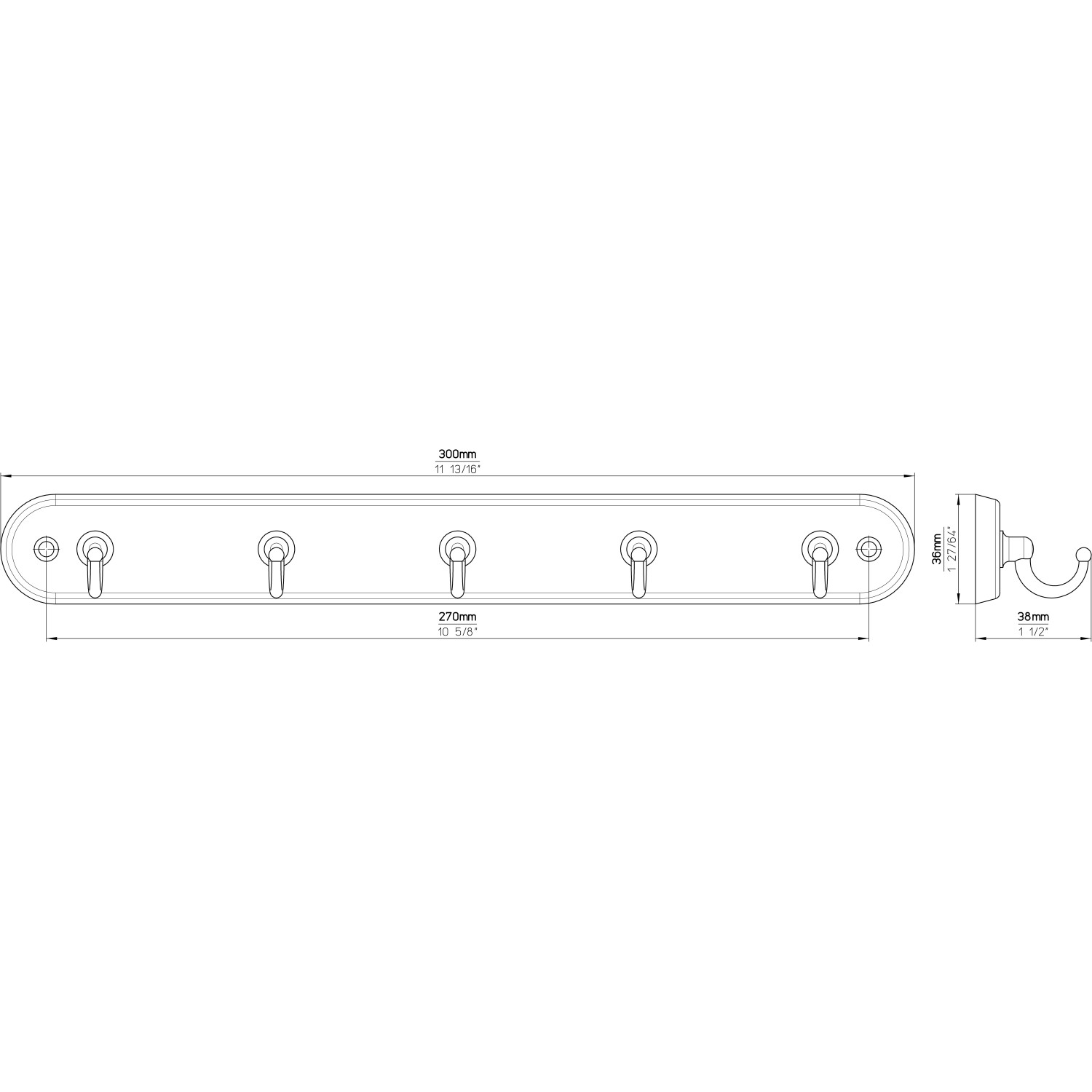 Siro Schlüsselleiste aus Buchenholz, weiß, mit 5 Chromhaken, 300 mm lang.
