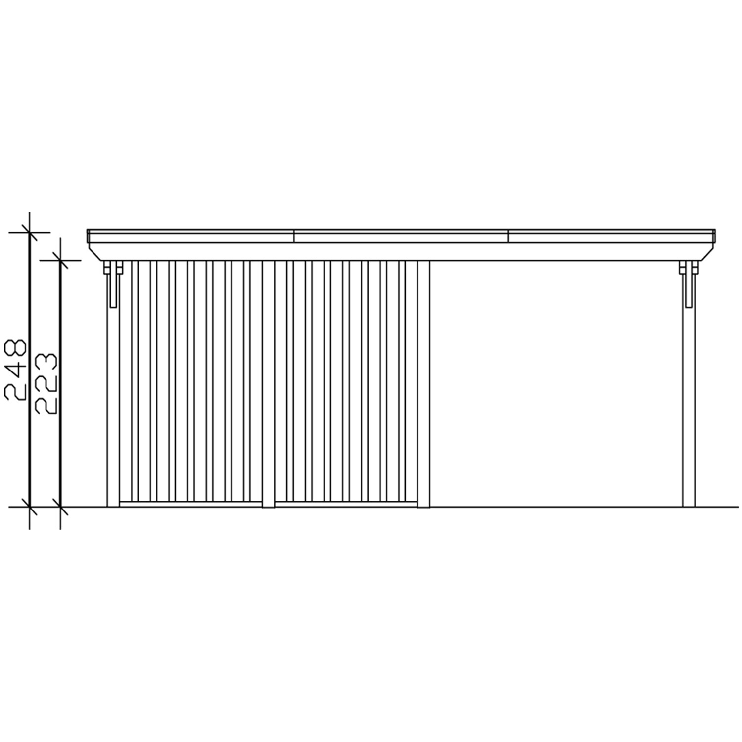 Skizze Carport Emsland Nussbaum 613x846cm mit Abstellraum, Seitenansicht mit Höhenangaben.