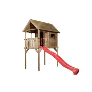 Weka Stelzen-Spielhaus Tabaluga mit roter Wellenrutsche, ein Spielturm für Kinder.