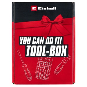 Rote Einhell Toolbox Geschenkbox mit 32-teiligem Bit-Set, Schraubendreher und Flaschenöffner für vielseitige Schraubarbeiten.
