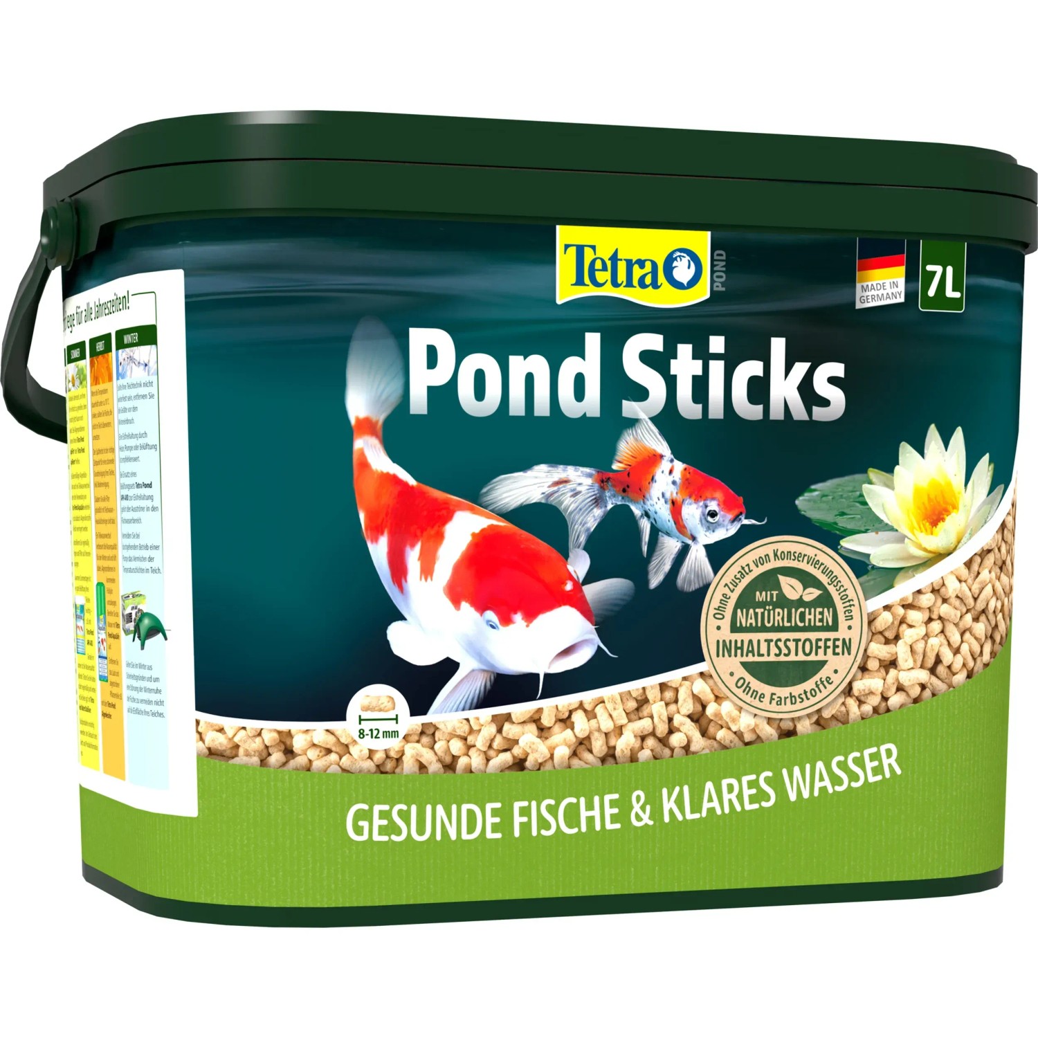 Tetra Pond Fischfutter Sticks 7 l im Eimer, mit Koi-Karpfen und Seerose auf der Verpackung.