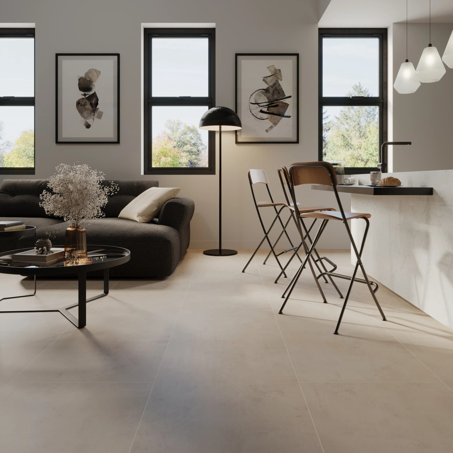 Verlegtes Feinsteinzeug Denver in Taupe, 60x120 cm, matte Optik im Wohnraum.