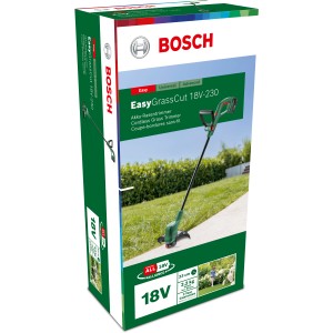 Verpackung des Bosch Akku-Rasentrimmers EasyGrassCut 18V-230 mit Akku und Ladegerät.