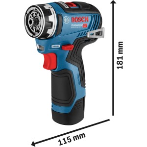 Bosch Professional GSR 12V-35 FC Akku-Bohrschrauber mit FlexiClick System und Abmessungen.