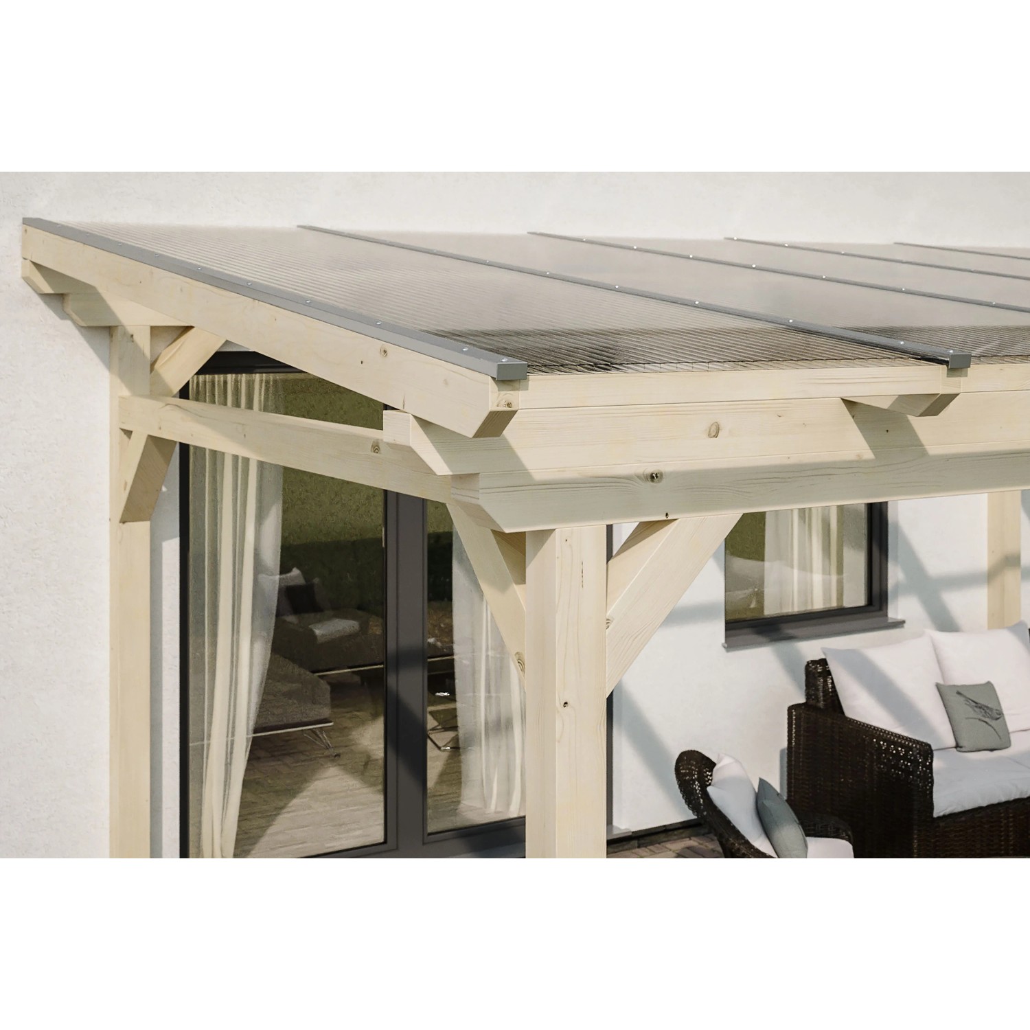 Skan Holz Terrassenüberdachung Sanremo, Leimholz natur, mit Polycarbonat-Doppelstegplatten.
