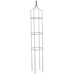 Graue Metall Rankhilfe Obelisk mit Kugelspitze, 122 cm hoch für Kletterpflanzen im Garten.