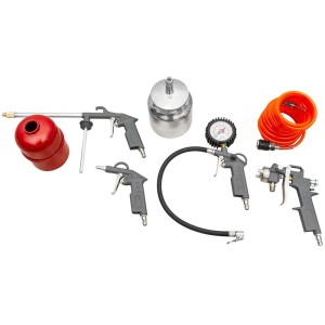 Zipper Kompressor Zubehör-Set, 5-teilig: Farbspritzpistole, Spiralschlauch, Luftblaspistole, Reifenfüller, Sprühpistole.