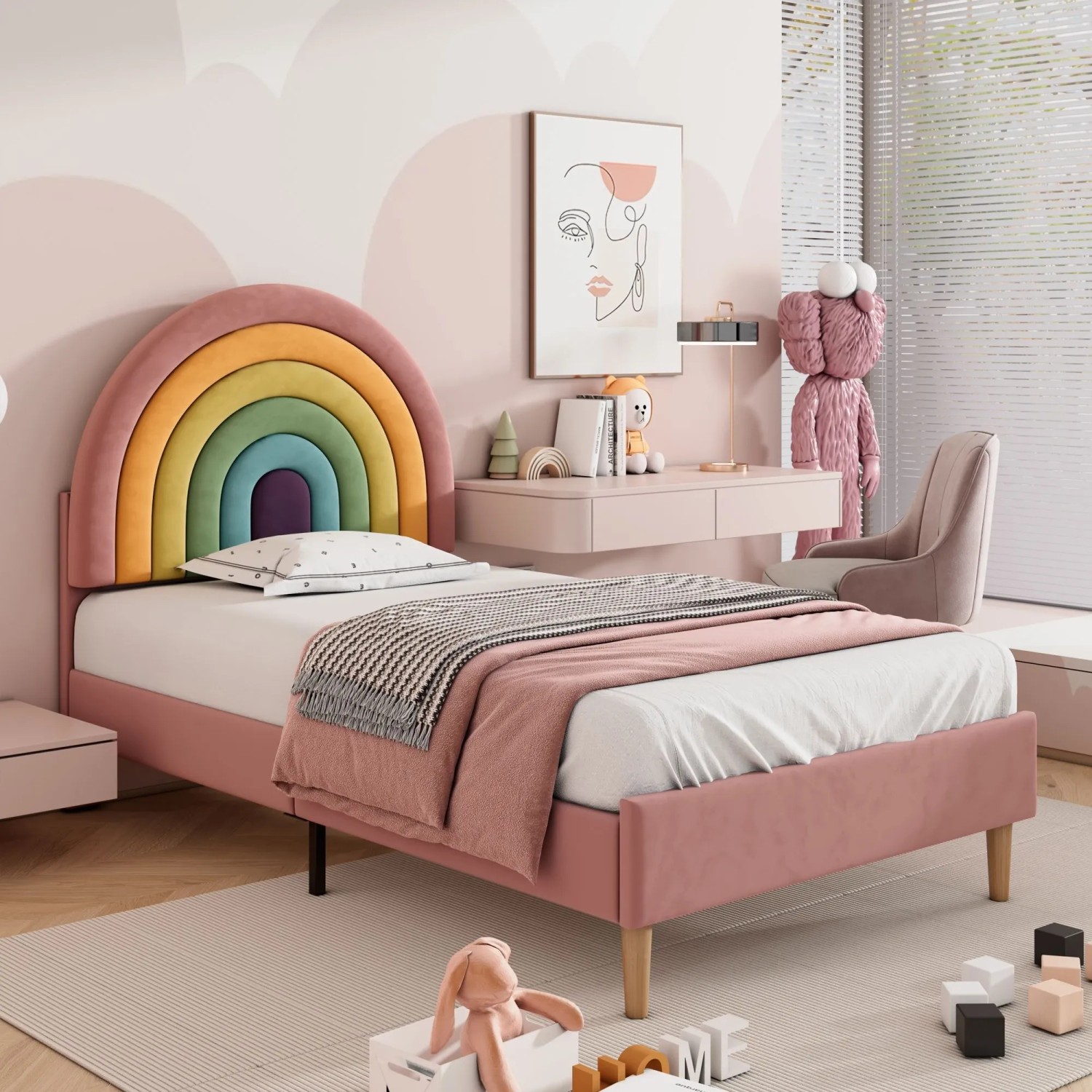 okwish Polsterbett 90x200cm mit Höhenverstellbarem Kopfteil Jugendzimmer Rosa ohne Matratze_2