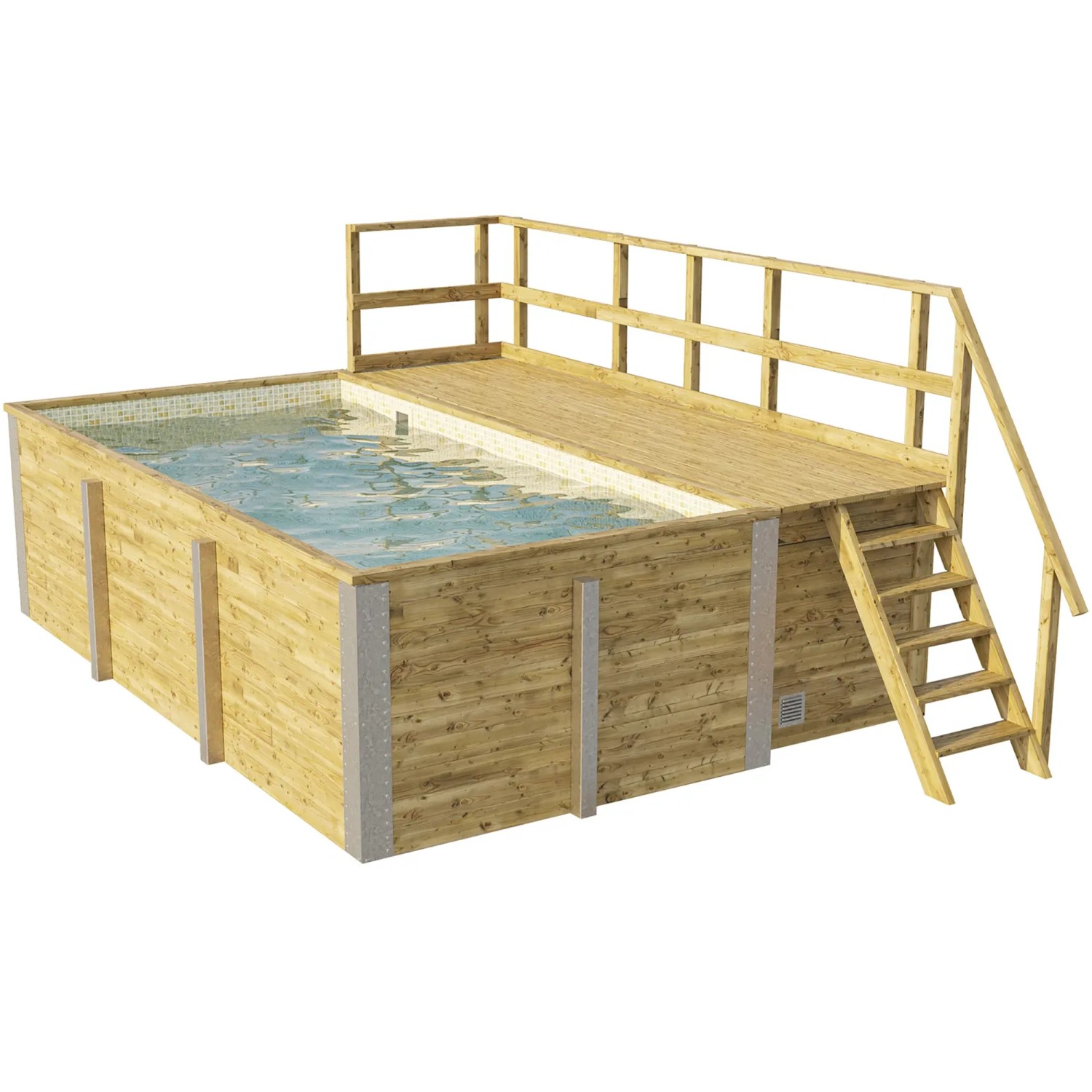 Weka Holzpool mit Sonnendeck, Technikraum und Mosaikfolie. Ideal für Badespaß im Garten.