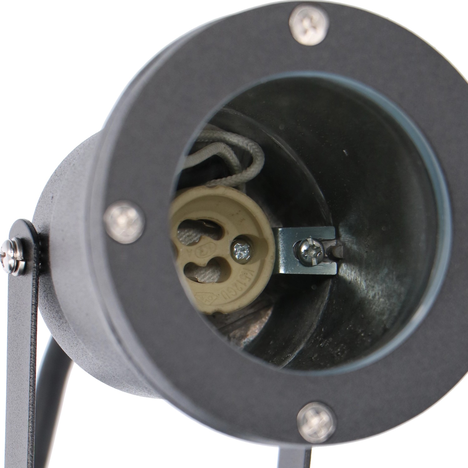 Detailaufnahme der schwarzen LED's Work Außenleuchte mit GU10 Fassung und Erdspieß.