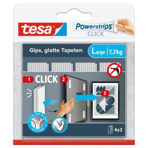 Verpackung Tesa Powerstrips Click-Large Klebenägel, 4 Stück, für Bilder bis 7,2kg. Zeigt Anwendungsbeispiel.