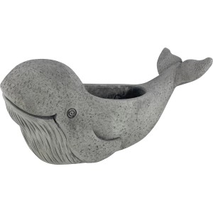Graue Pflanzfigur Wal, 43 cm, aus Zement für Garten und Terrasse. Blumentopf in Walform.