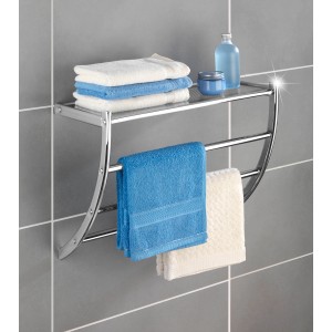 Wenko Exclusiv Wandregal Pescara Chrom mit Handtüchern und Ablage für Badutensilien.