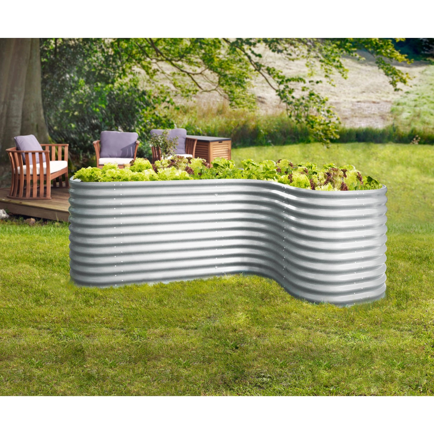 Gebogenes Hochbeet Basic Alu-Blank Erweiterung aus Zincalume im Garten.