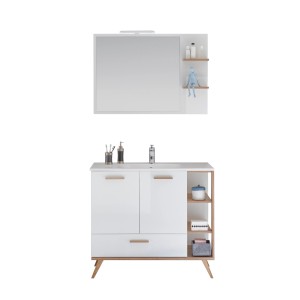 Pelipal Badmöbel-Set Quickset 923, Weiß/Riviera, 105 cm, mit Spiegel und seitlicher Ablage.