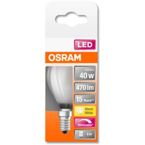 Osram E14 LED Lampe in Tropfenform, 4,8W, warmweiß und dimmbar.