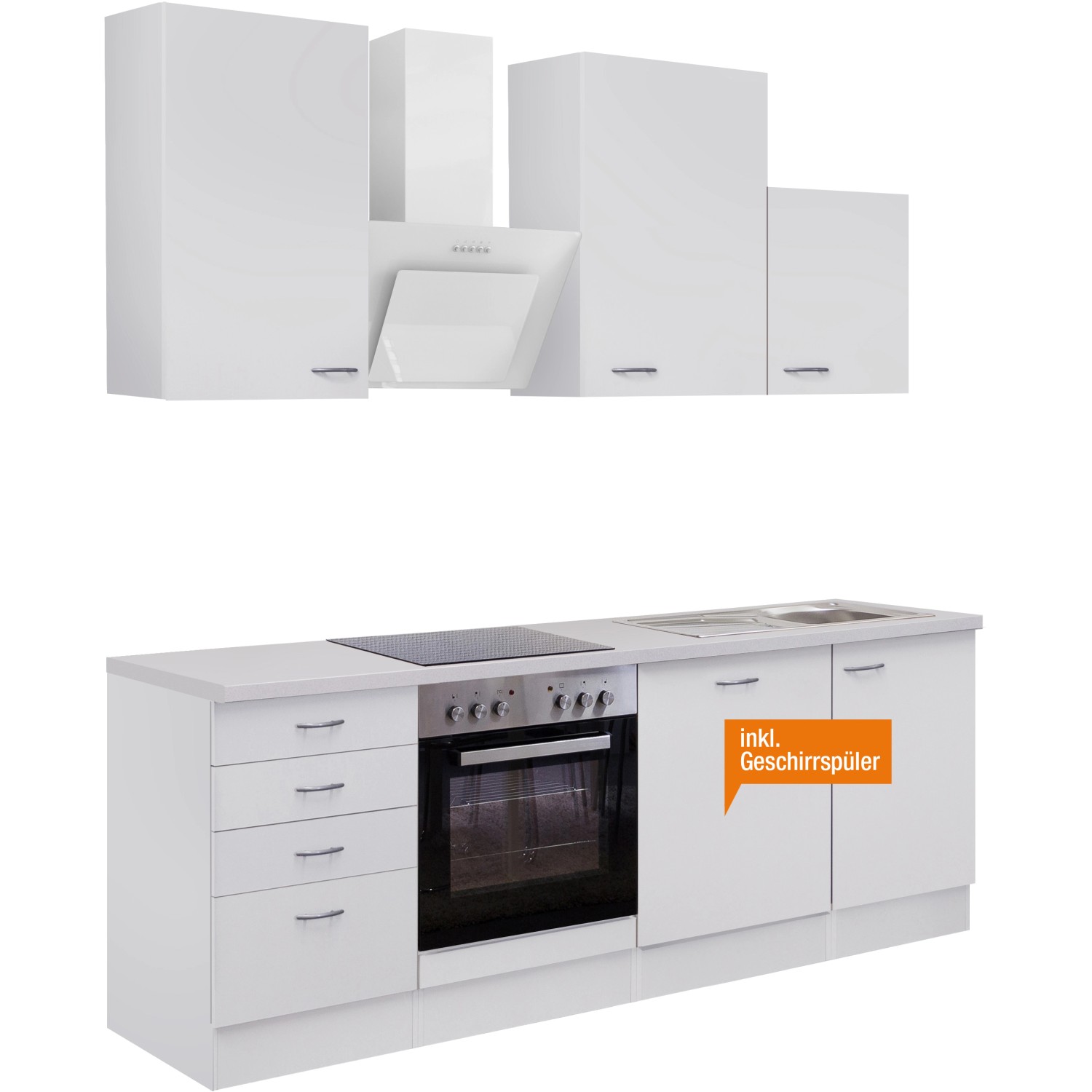 Weiße Flex-Well Küchenzeile Wito 220 cm mit E-Geräten und Spüle.