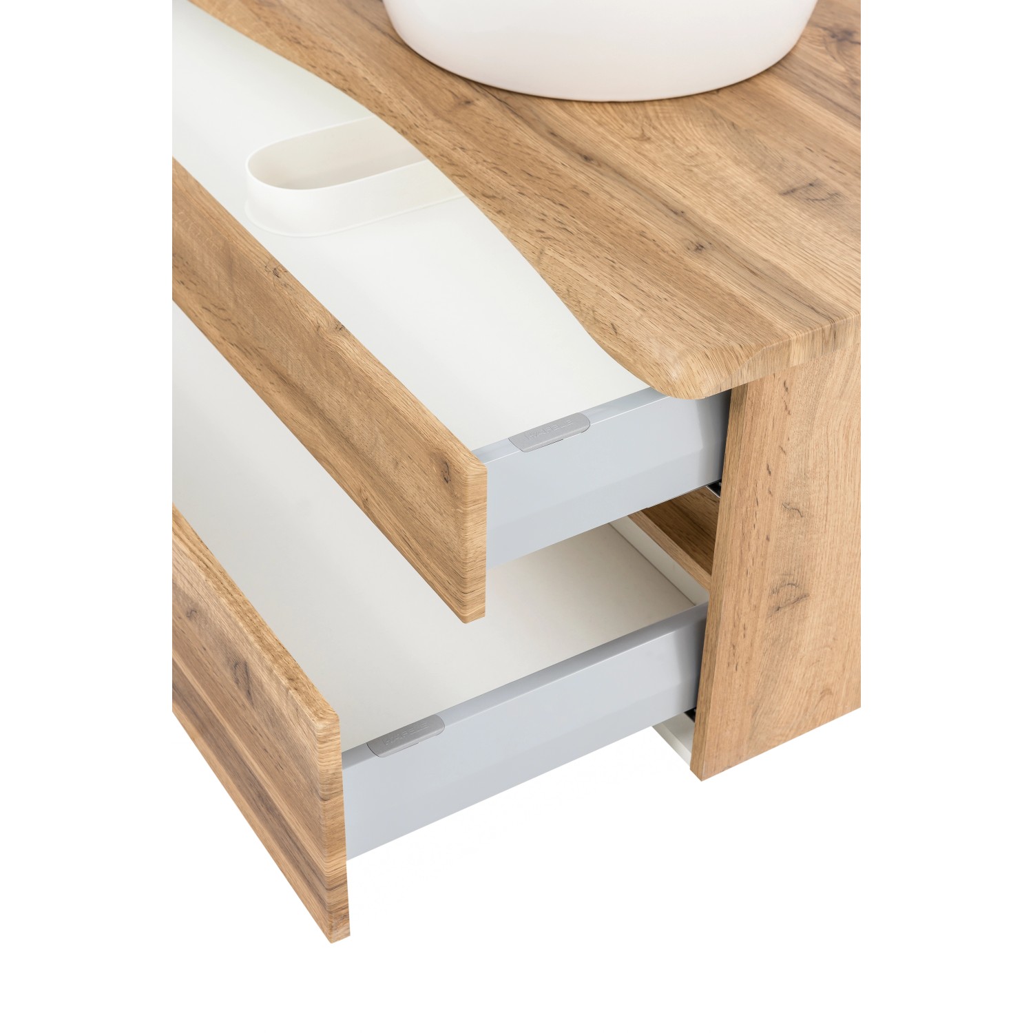 Held Möbel Waschtisch Trient 100 cm in Wotaneiche mit zwei offenen Schubladen und Aufsatzbecken.