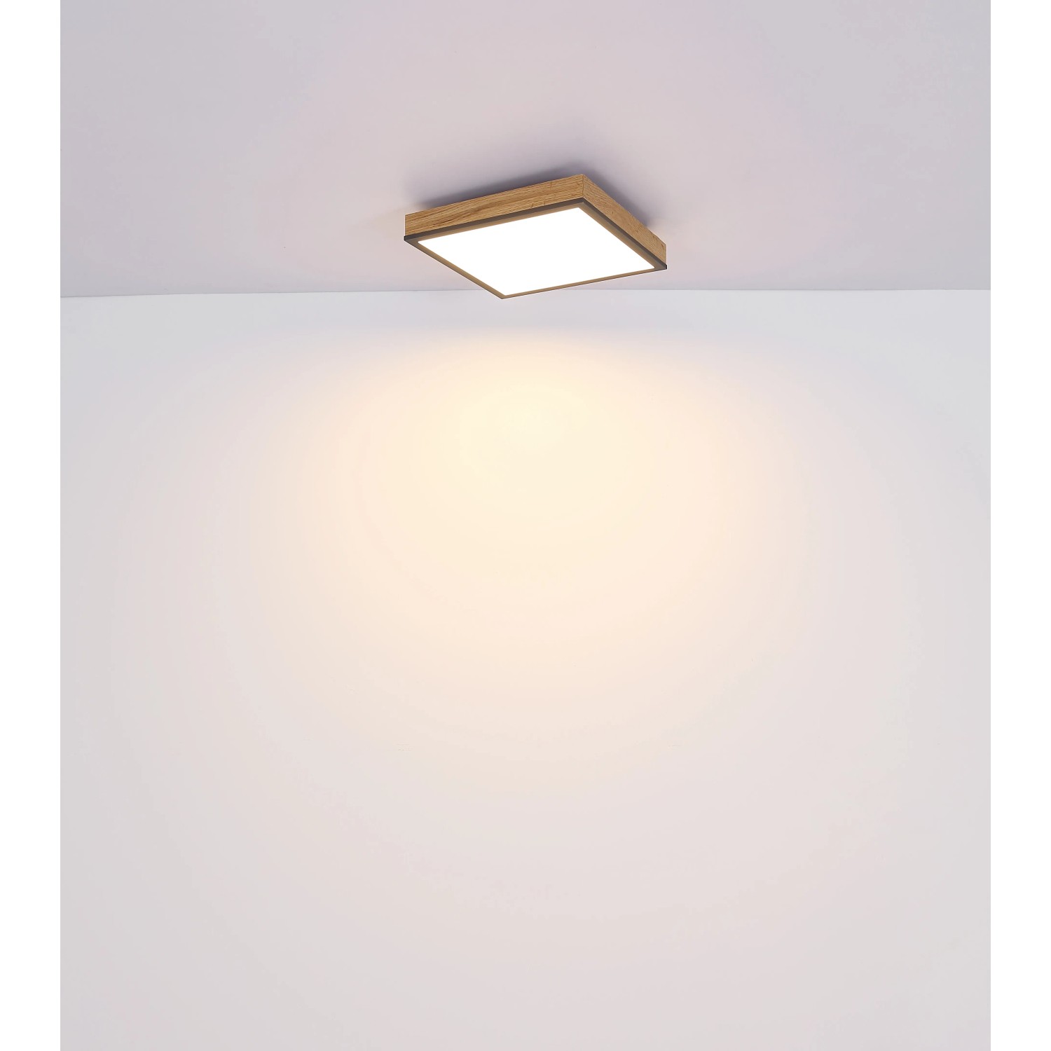 Quadratische LED Deckenleuchte Doro, 30 cm, mit Holz- und Aluminiumrahmen. Warmweißes Licht.