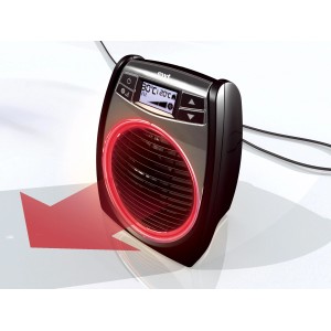 Heizer und Ventilator PF 320 LCD mit rotem Neonring und Display zur Temperaturkontrolle.