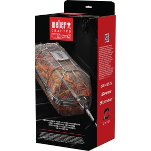 Weber Crafted Drehspießkorb aus Drahtgewebe in Verpackung, geeignet für Pommes und Popcorn.