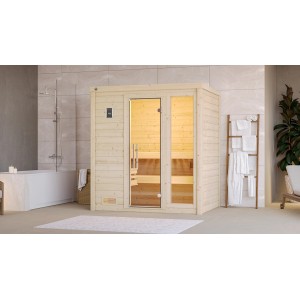 Weka Massivholzsauna Bergen mit Glastür und Fenster im Sparset, 5,4 kW Ofen inklusive.