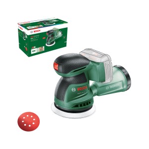 Bosch EasyOrbit 18V-10 Akku-Exzenterschleifer (ohne Akku) mit Schleifpapier und Staubbox.