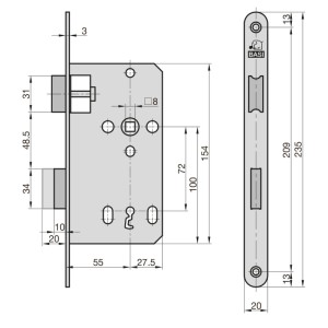 Technische Zeichnung: Basi Zimmertürschloss ES 927 BB, Maße und Details für Einbau und Montage.