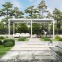 Weiße freistehende Aluminium-Pergola 3x6m im Garten mit Lamellendach über Sitz- und Essbereich.
