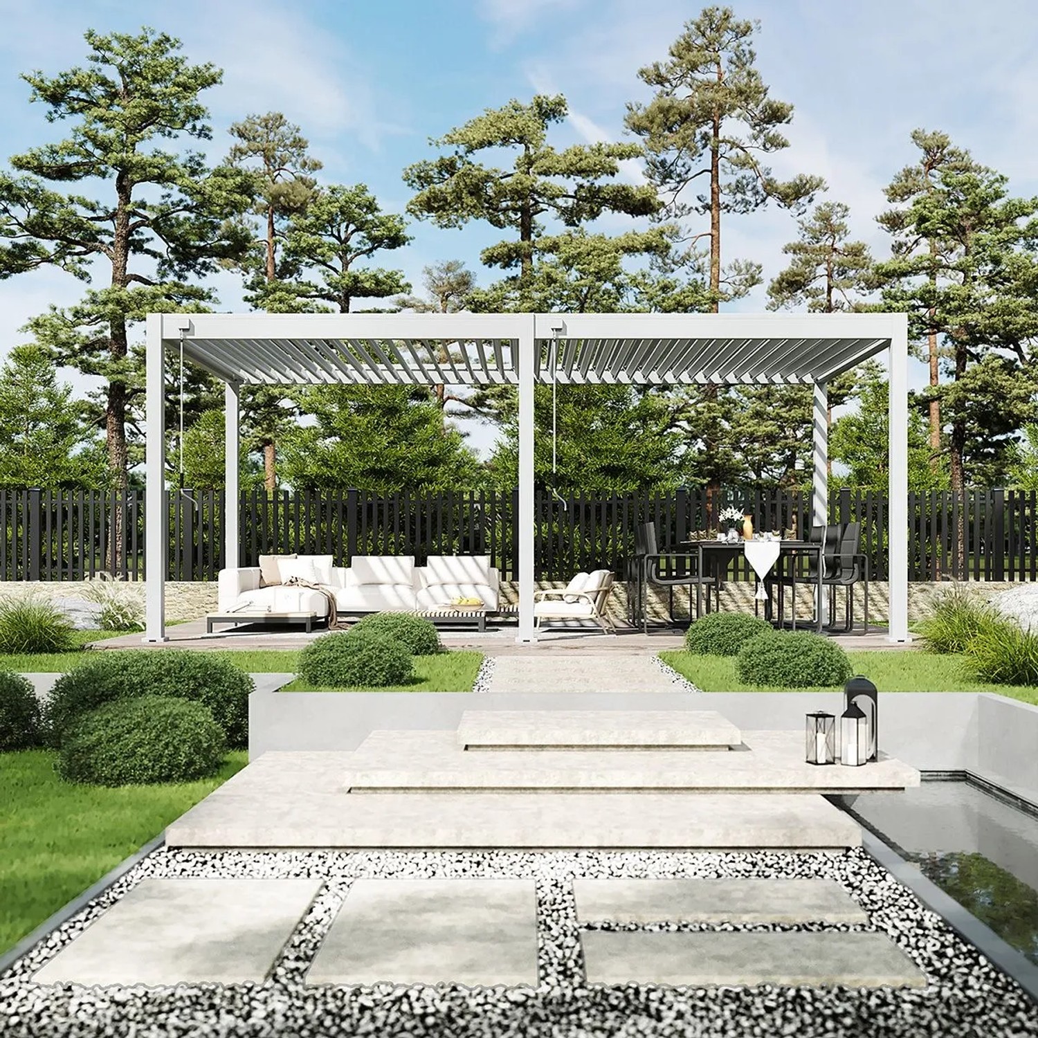 Weiße freistehende Aluminium-Pergola 3x6m im Garten mit Lamellendach über Sitz- und Essbereich.