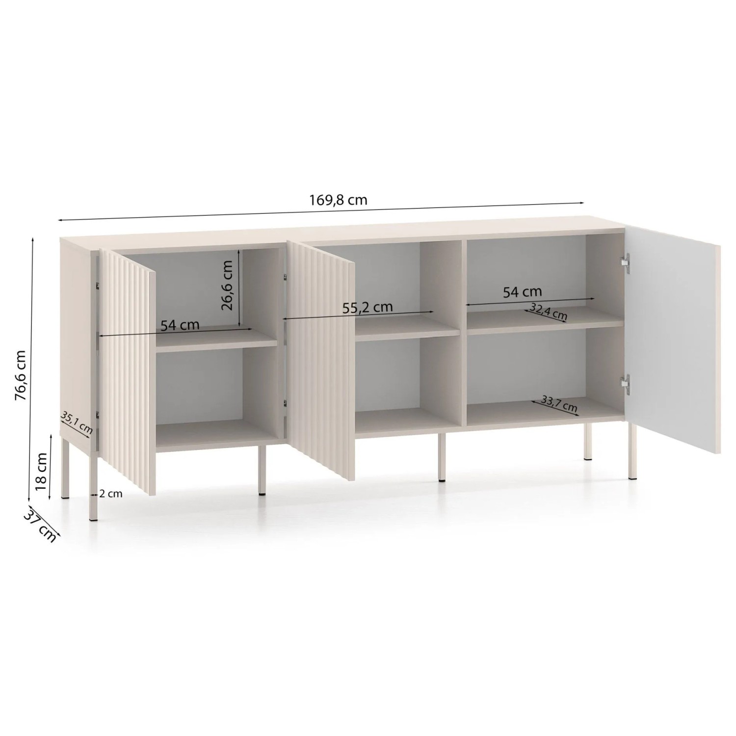 Selsey Sideboard Derriva, Kaschmir, 170 cm, mit drei gerillten Türen, geöffnet, zeigt sechs Fächer für Stauraum.