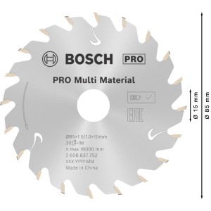 Bosch Kreissägeblatt Standard for Multi Material, silber, Ø 85 mm, für Akkusägen. Scharfe Carbide-Zähne für präzise Schnitte.