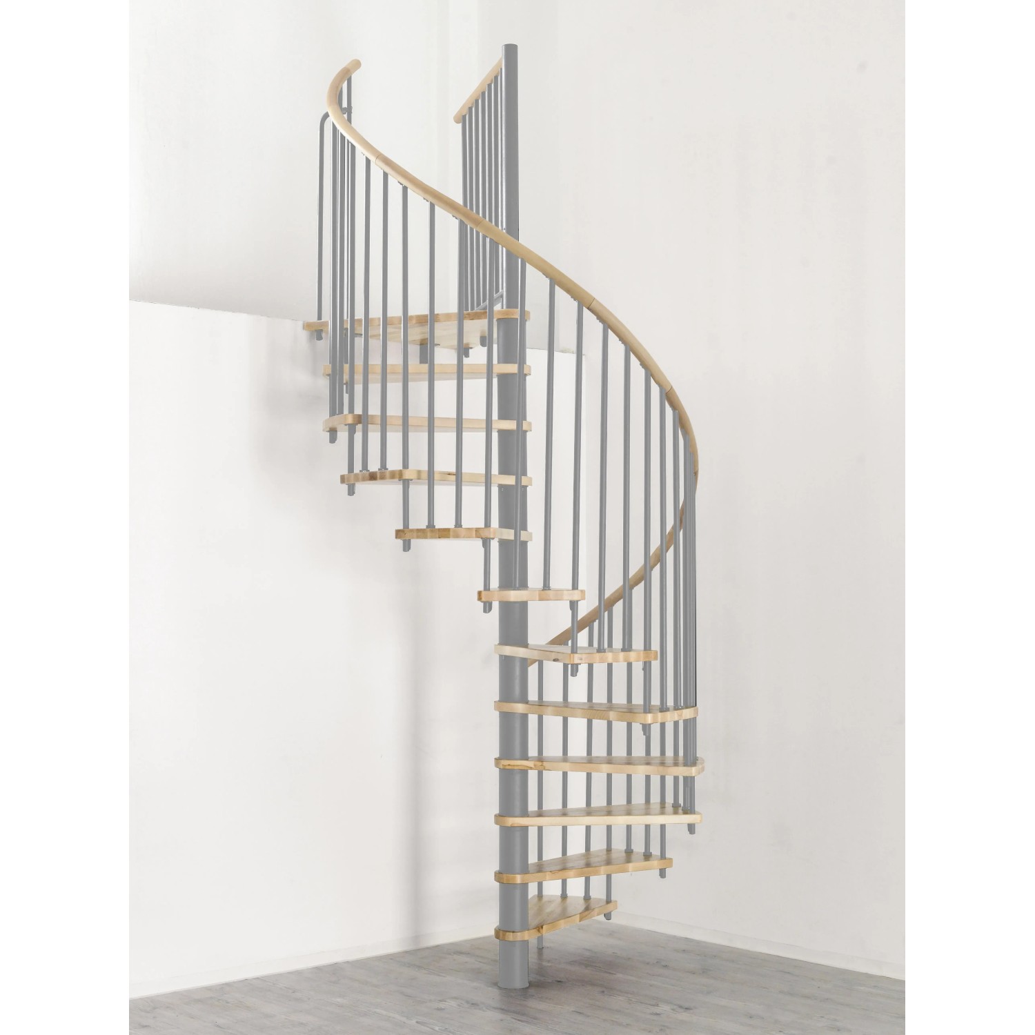 Graue Minka Spindeltreppe Spiral Wood Eiche, 120 cm Durchmesser, für Geschosshöhen bis 305,5 cm.