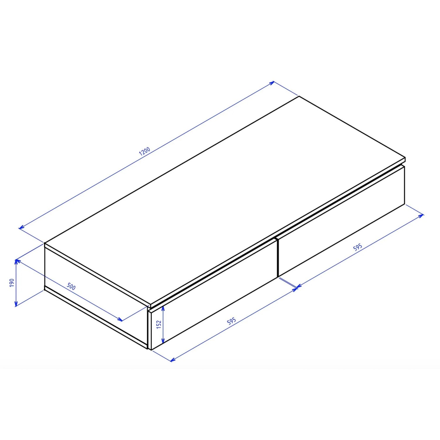 Technische Zeichnung des Selsey Bemmi Wand-Schminktisches 120 cm. Zeigt Maße und 2 Schubladen für den schwarzen Hängeschreibtisch.
