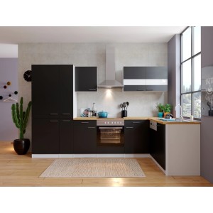 Moderne Winkelküche in Schwarz-Weiß mit Arbeitsplatte in Nussbaum-Optik. Inkl. E-Geräte.