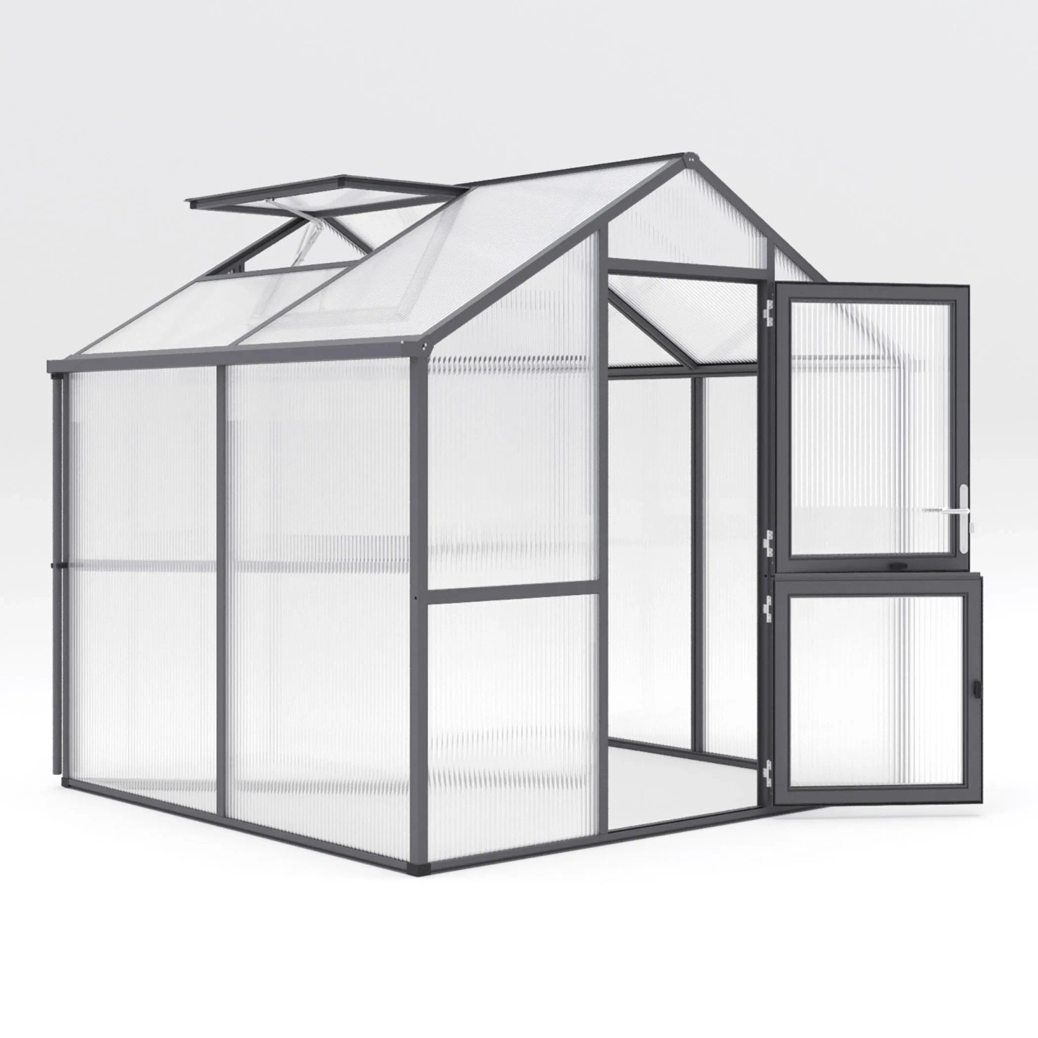 KGT Gewächshaus Iris II in Anthrazit-Grau mit geöffneter Tür und Dachfenster.