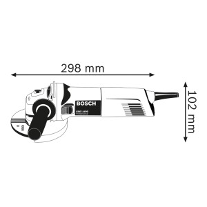 Bosch Professional Winkelschleifer GWS 1400, 125 mm. Technische Zeichnung mit Maßen: 298x102 mm.
