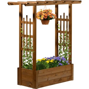 Braun lasierter Dobar Pflanzkasten Pergola aus Holz mit Rankhilfe und bunten Blumen.