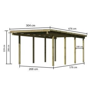 Karibu Einzelcarport Eco mit Maßangaben, Holzkonstruktion mit PVC Dachplatten.
