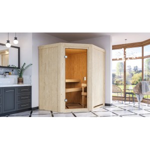 Karibu Sauna Faurin mit Eckeinstieg und bronzierter Glastür in heller Holzoptik.