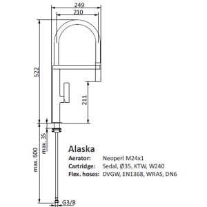 Technische Zeichnung: Sanicomfort Küchenarmatur Alaska, Edelstahl gebürstet, mit Maßen.