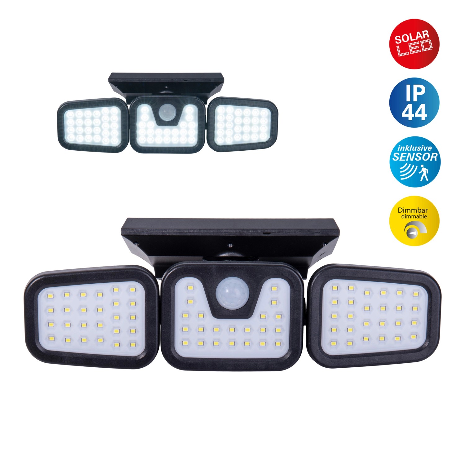 Näve LED Solar-Außenwandleuchte Pacita, schwarz, mit drei Leuchtelementen und Sensor.