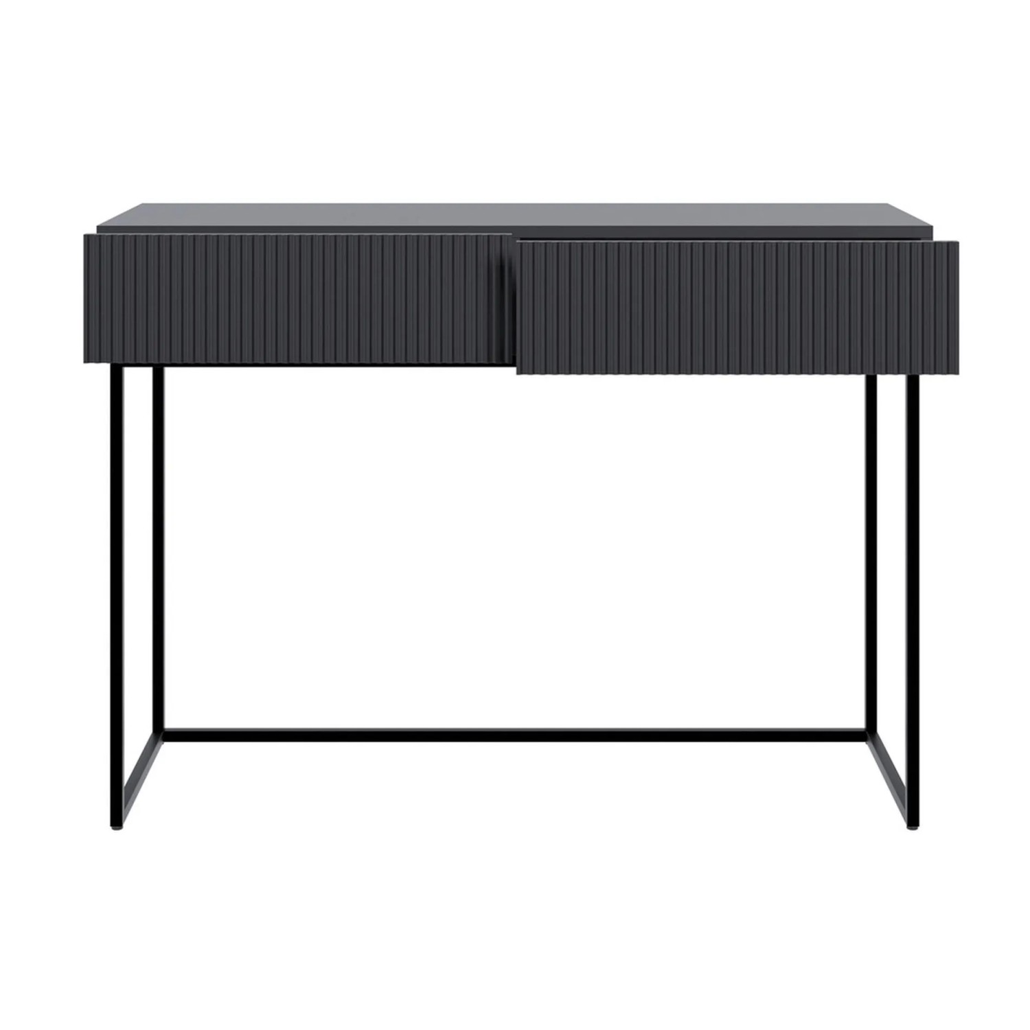 Schwarzer Selsey Veldio Schminktisch mit geriffelter Front, zwei Schubladen und schwarzen Metallbeinen. Eine Schublade offen.