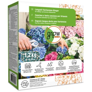 GROW by OBI Langzeit Hortensiendünger 1,2kg. Düngerpackung mit Hortensien und Gartenschere.