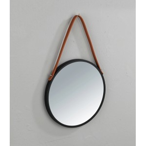 Runder Wandspiegel Borrone von Wenko, Ø 40 cm, schwarz-brauner Rahmen mit Kunstleder-Aufhängung.