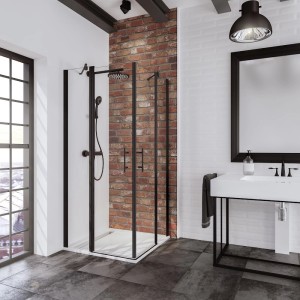 Schulte Alexa Style 2.0 Eckdusche, 4-teilig, BlackStyle, 90x90 cm. Eckeinstieg mit schwarzem Rahmen.