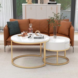 Merax Couchtisch Set 2er Hochglanz Marmoroptik Runde Beistelltische