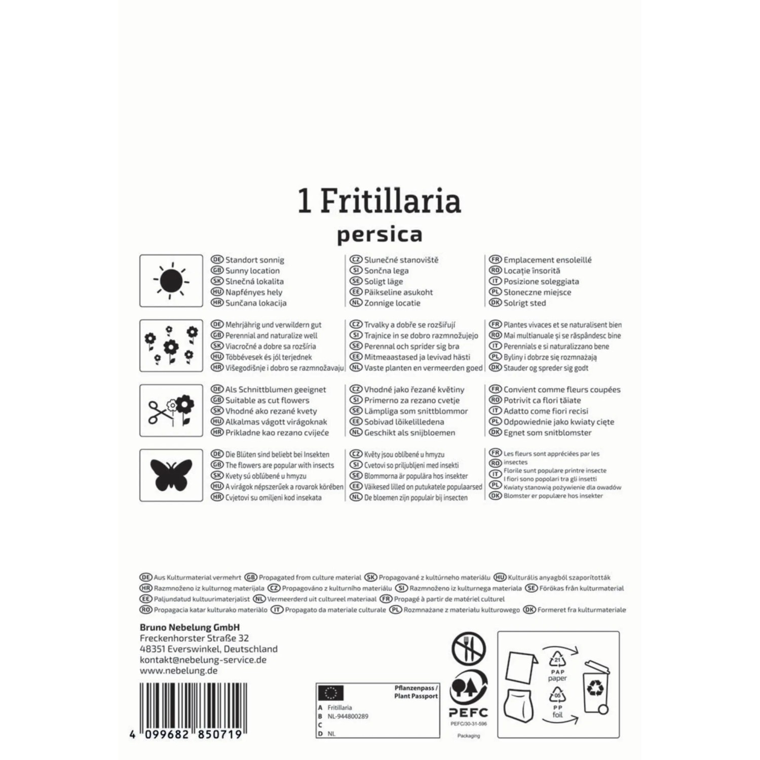 Kiepenkerl Blumenzwiebel Persische Kaiserkrone, Detail der Verpackung mit Infos zu Standort und Nutzung.