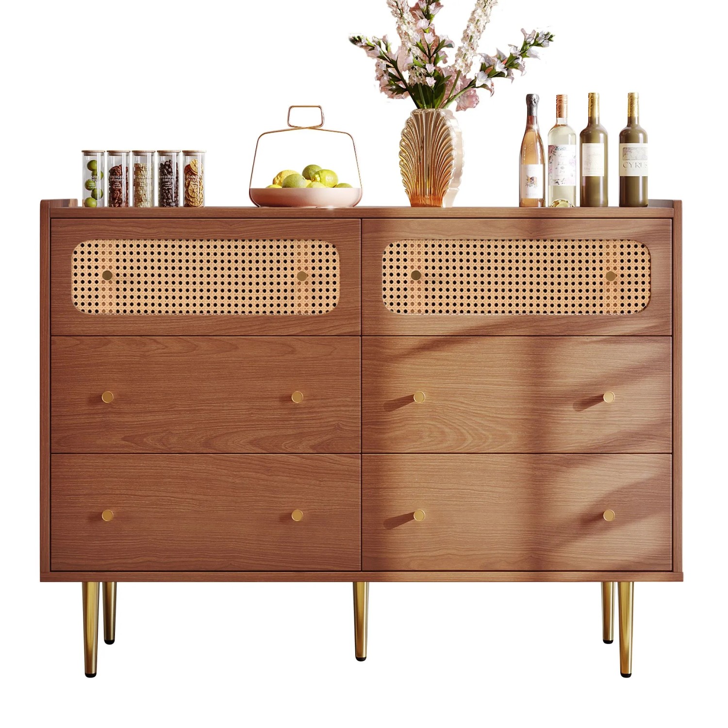 okwish Kommode mit Schubladen Rattan Sideboard Schlafzimmer Wohnzimmer 90x120x40cm Nussbaum_9
